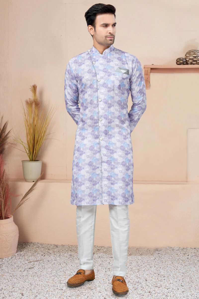 Cotton Lavender Color Printed Readymade Designer Men Indo Western