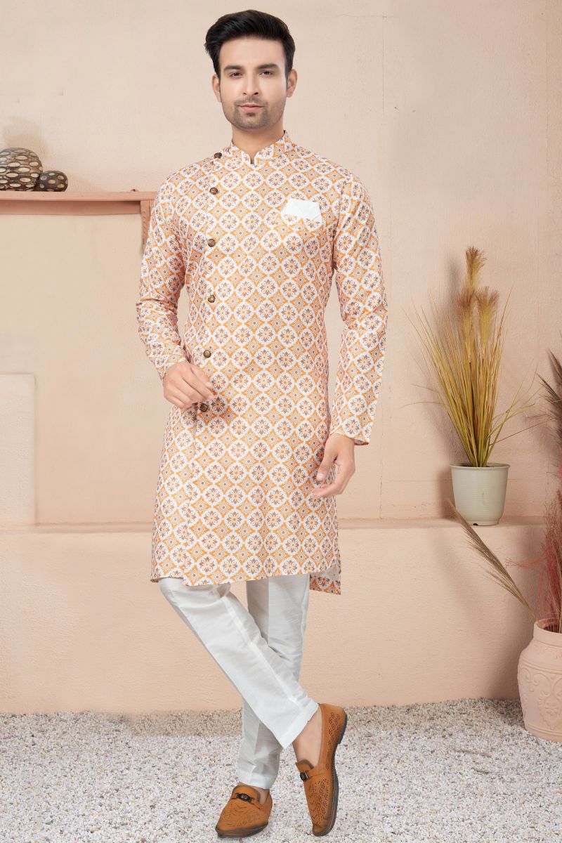 Appealing Printed Cotton Fabric Readymade Indo Western For Men