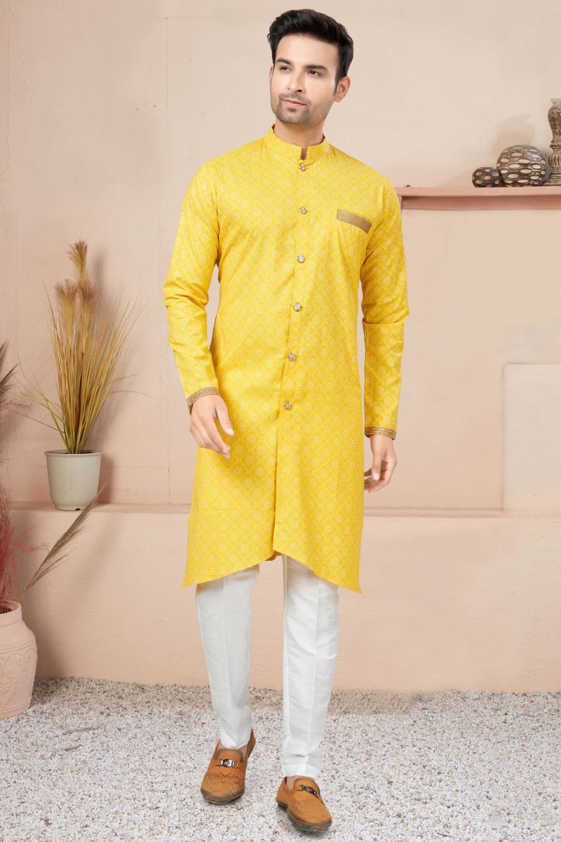 Stunning Printed Yellow Color Readymade Men Indo Western