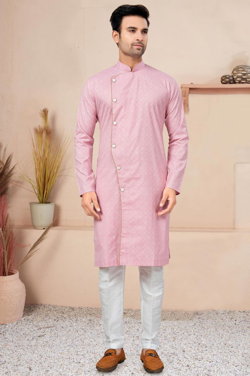 Printed Pretty Cotton Fabric Readymade Men Indo Western In Pink Color