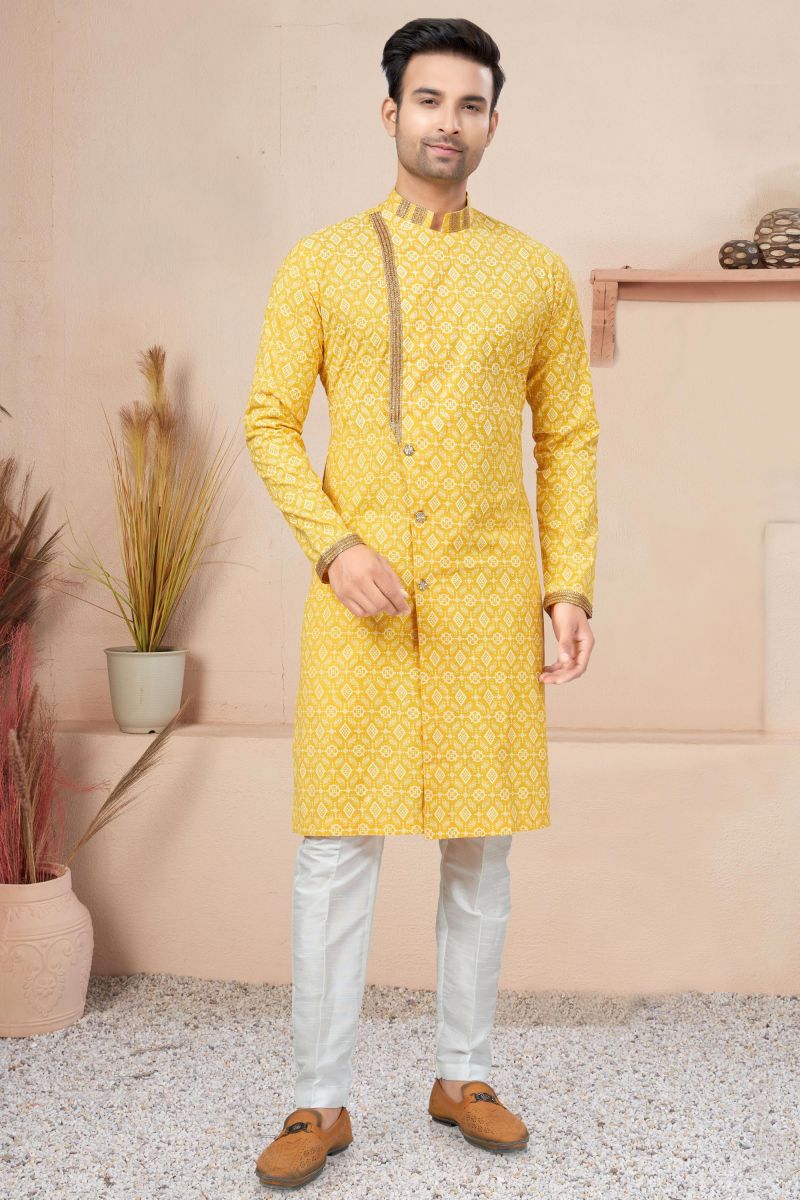 Attractive Printed Readymade Men Indo Western In Yellow Color