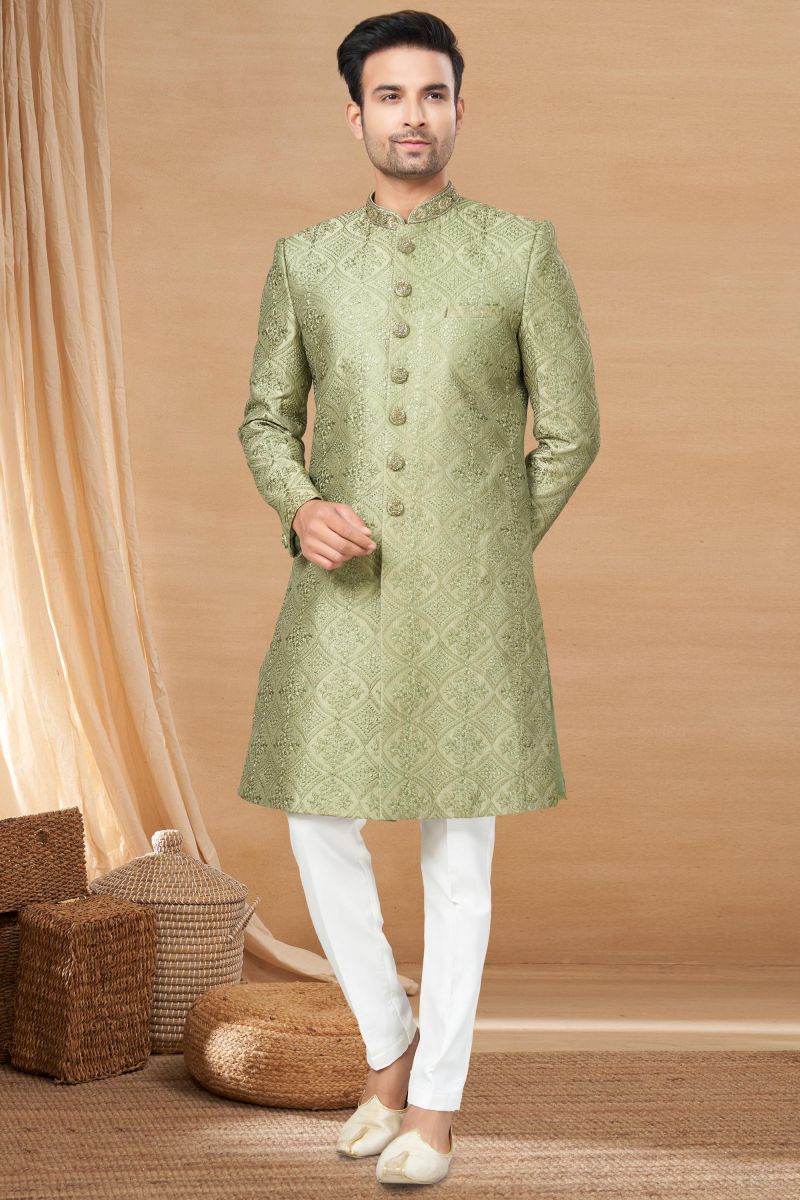 Green Lovely Fancy Fabric Readymade Indo Western For Men