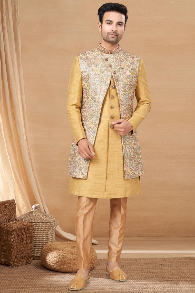 Beautiful Beige Color Readymade Indo Western For Men In Art Silk Fabric