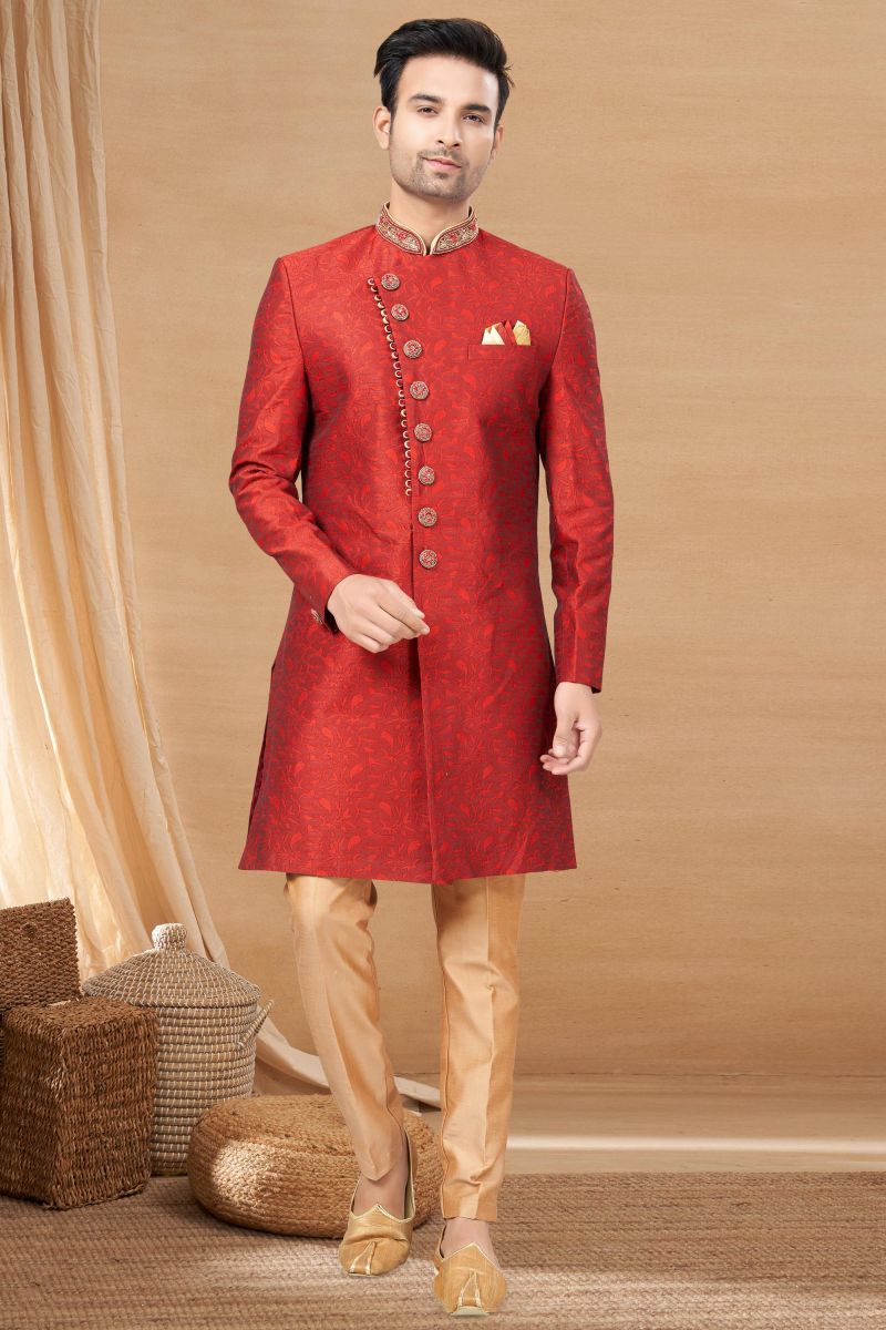 Red Color Readymade Men Indo Western