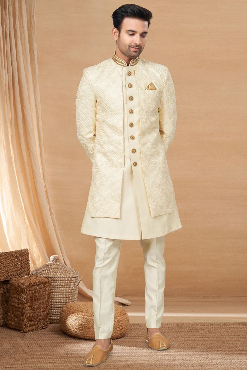 Captivating Art Silk Fabric Beige Readymade Men Indo Western