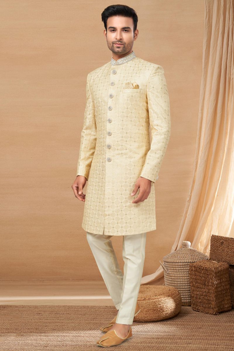 Beige Color Readymade Fancy Fabric Indo Western For Men