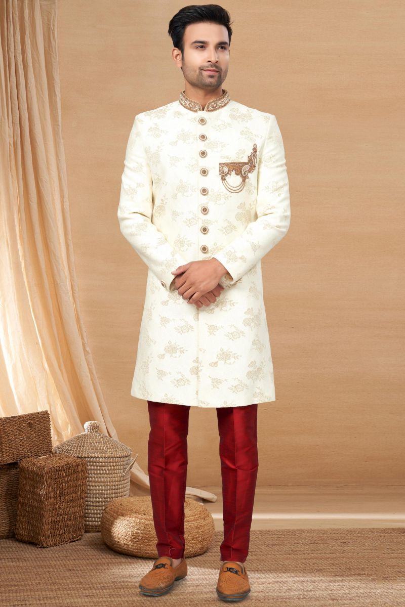 Readymade Indo Western For Men In White Jacquard Fabric