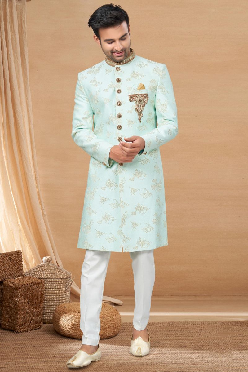 Jacquard Fabric Sea Green Color Trendy Readymade Men Indo Western