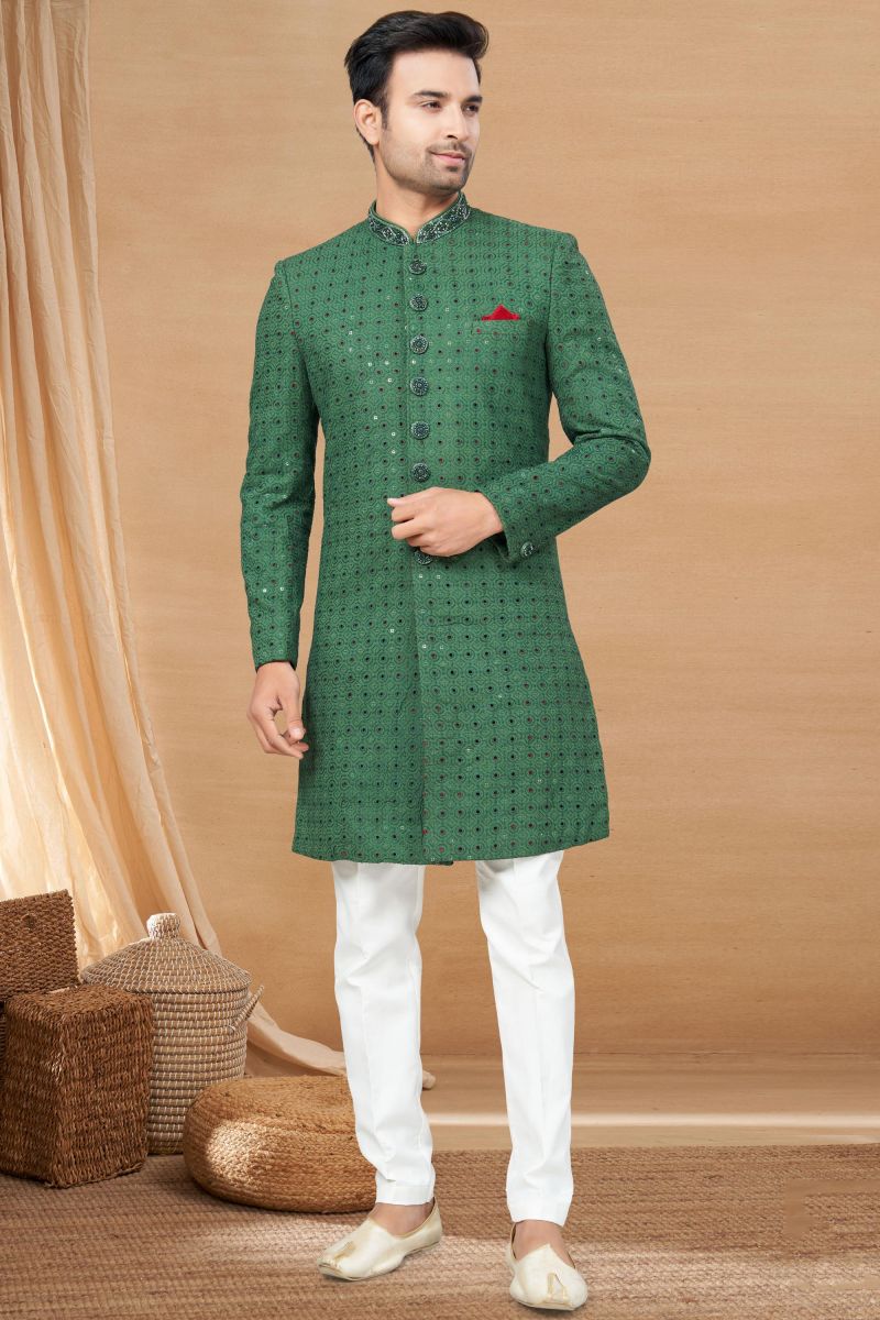 Green Color Fancy Fabric Designer Readymade Indo Western For Men