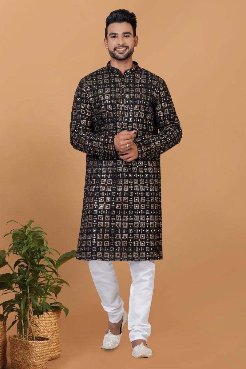 Sequins Embroidery Appealing Black Color Georgette Fabric Readymade Kurta Pyjama For Men