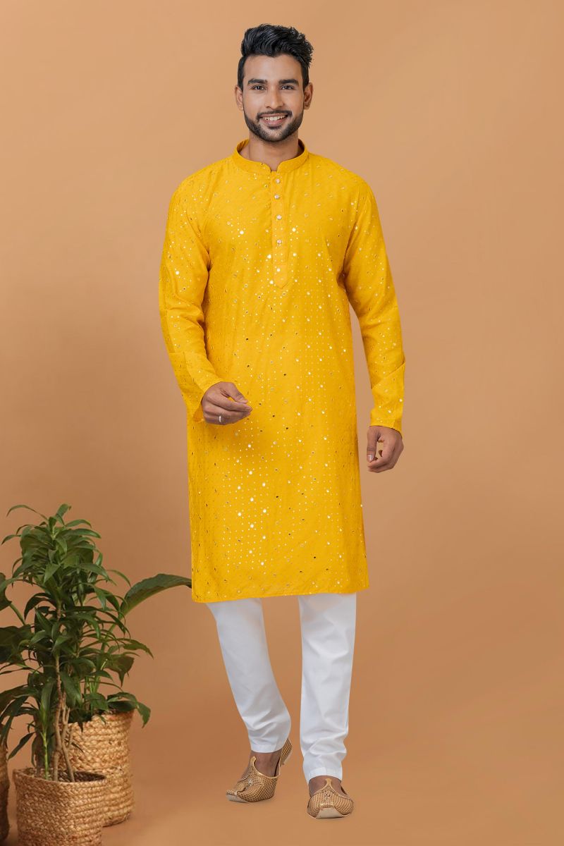 Yellow Color Sequins Embroidery Engaging Cotton Fabric Readymade Kurta Pyjama For Men