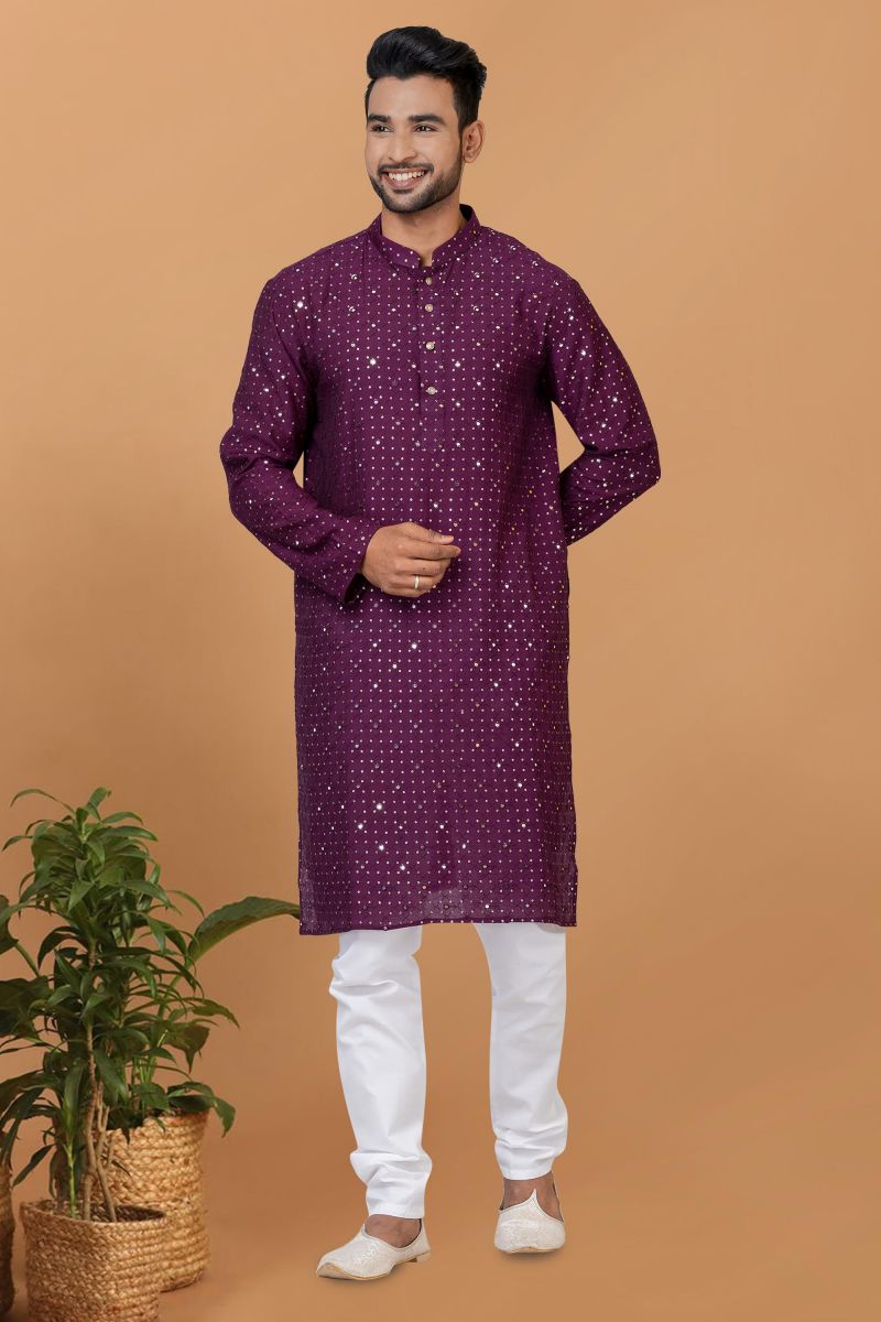 Purple Color Cotton Fabric Sequins Embroidery Captivating Readymade Kurta Pyjama For Men