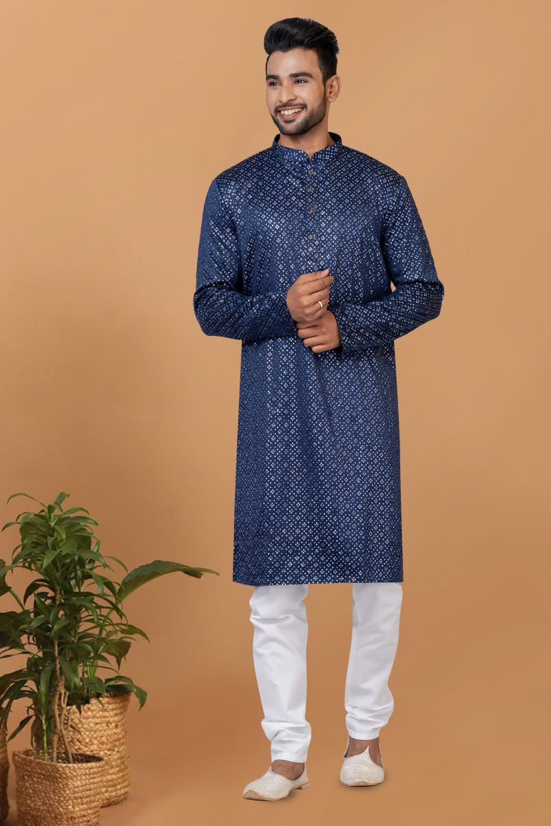 Fetching Blue Gajji Silk Fabric Sequins Embroidery Readymade Kurta Pyjama For Men