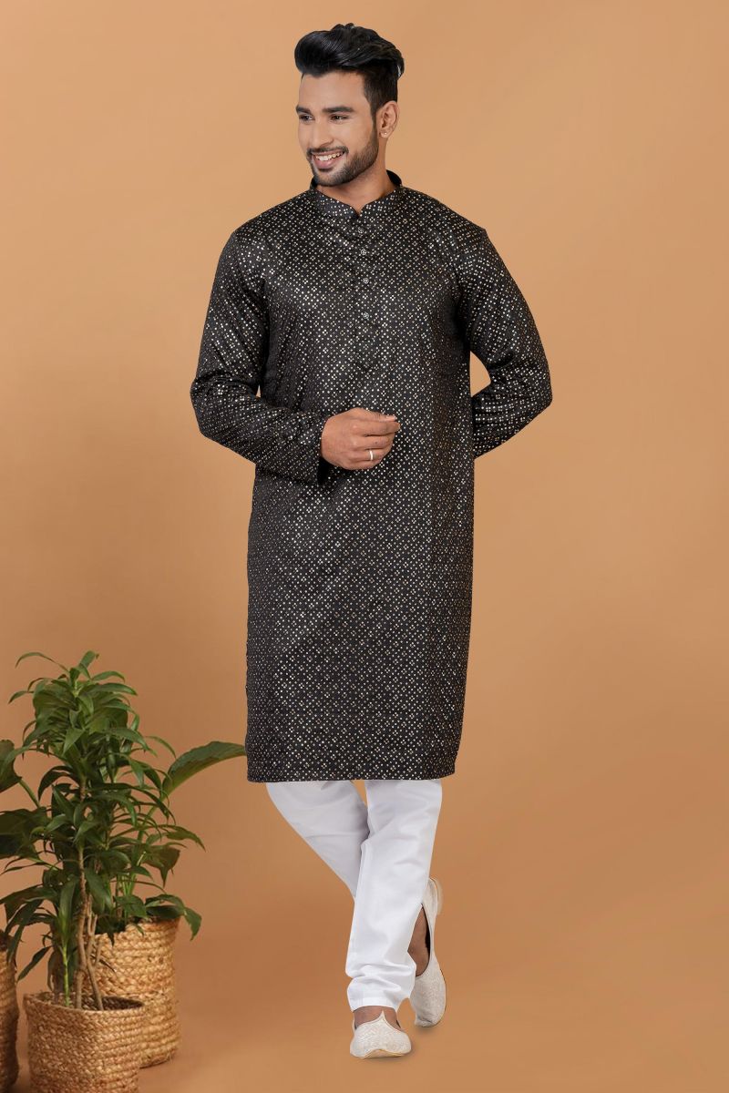 Sequins Embroidery Black Color Gorgeous Gajji Silk Readymade Kurta Pyjama For Men