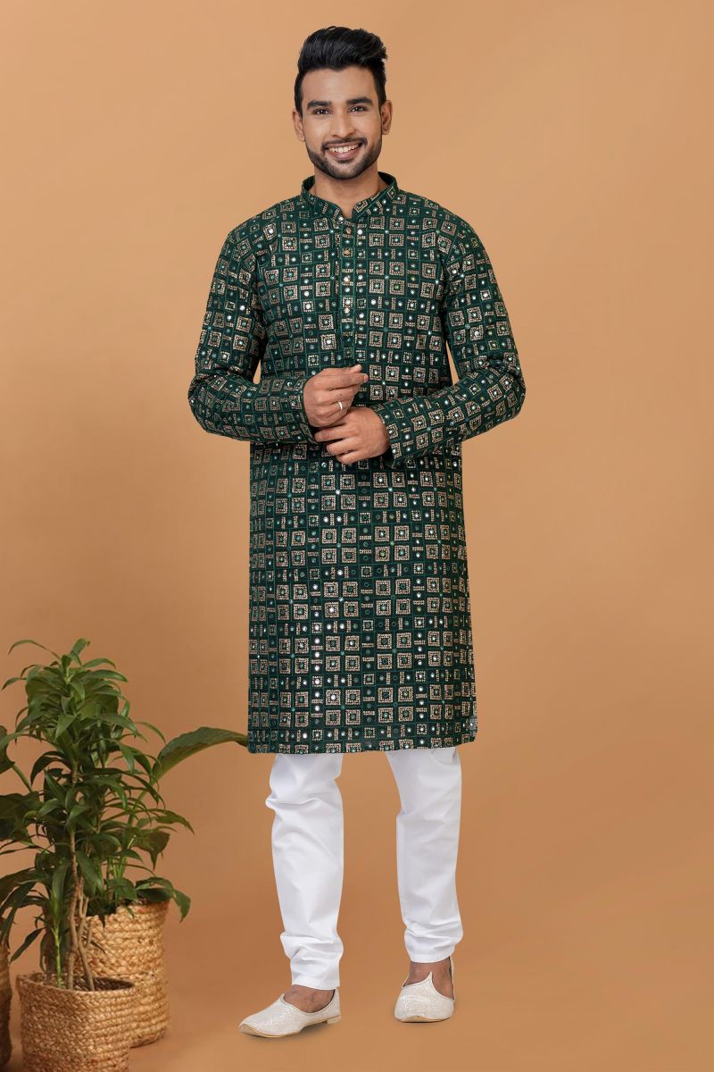 Green Color Sequins Embroidery Georgette Fabric Striking Readymade Kurta Pyjama For Men