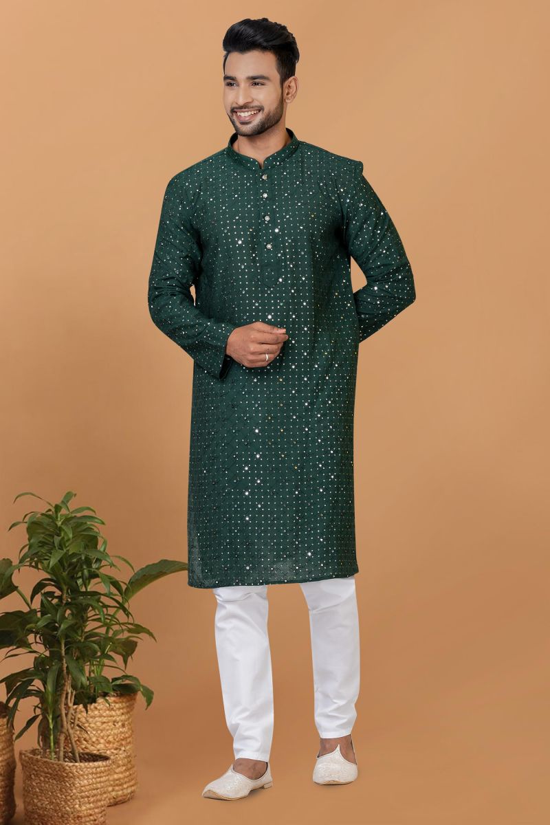 Sequins Embroidery Dark Green Color Pretty Readymade Kurta Pyjama For Men In Cotton Fabric