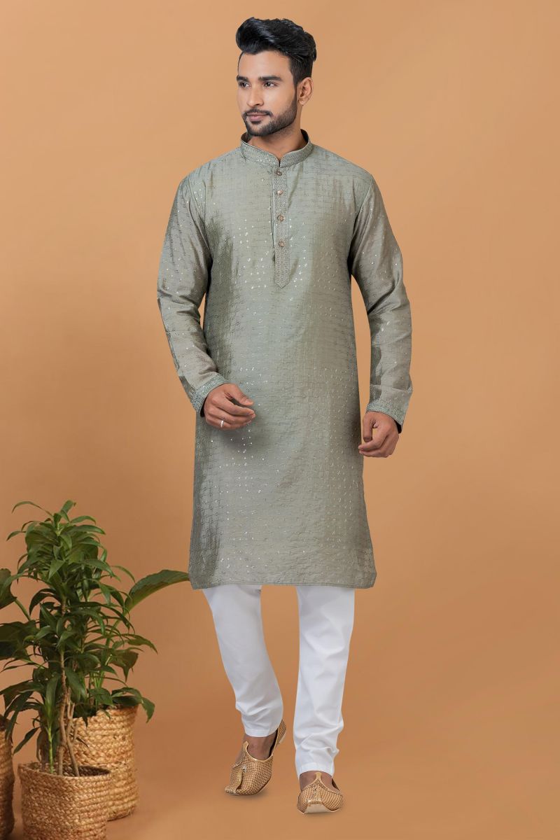 Beautiful Sequins Embroidery Cotton Fabric Readymade Kurta Pyjama For Men In Grey Color