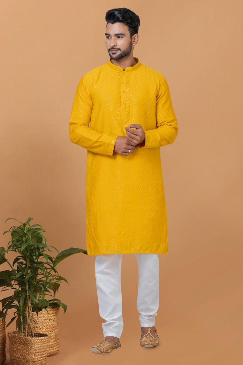 Attractive Sequins Embroidery Readymade Kurta Pyjama For Men In Yellow Color Cotton Fabric