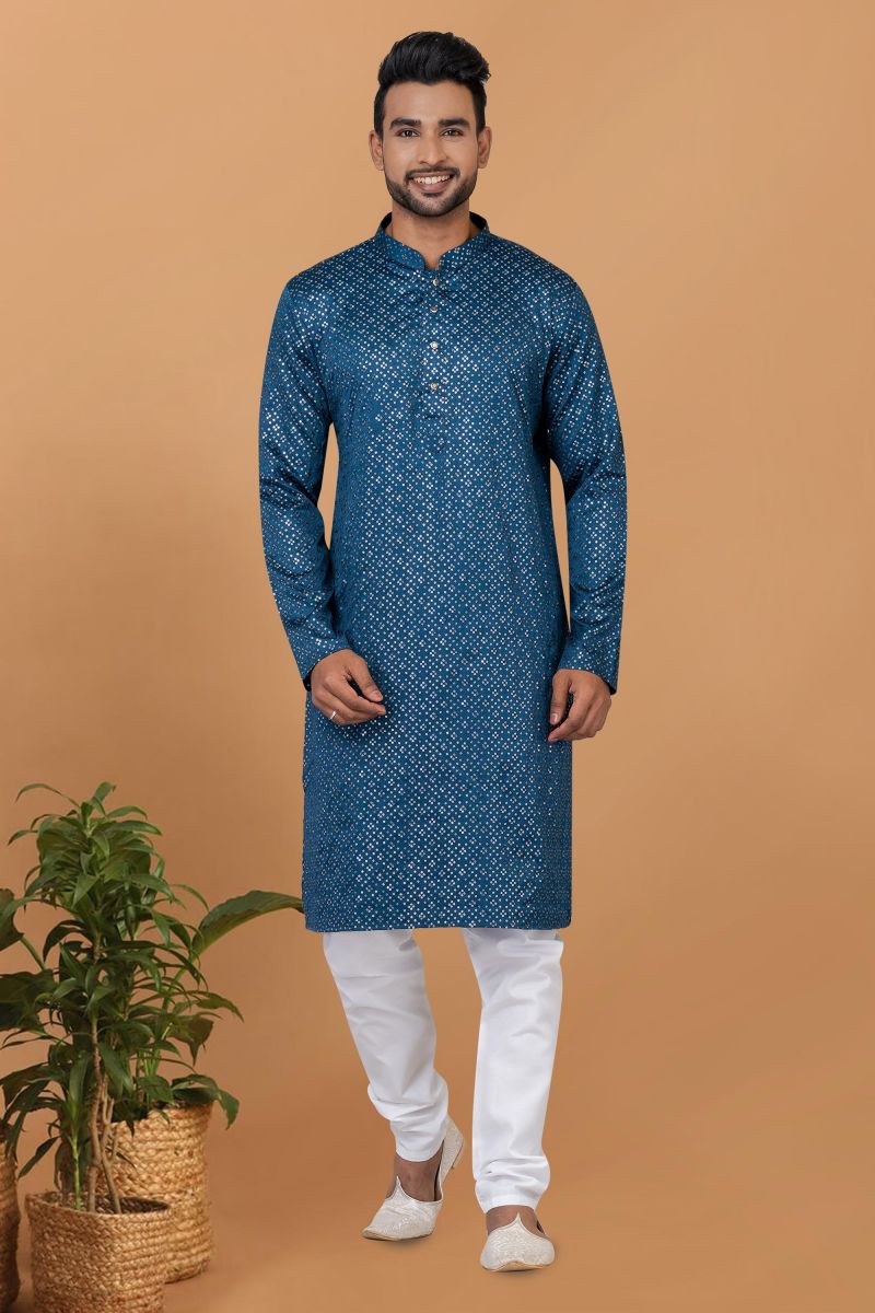 Sequins Embroidery Fancy Blue Color Gajji Silk Fabric Readymade Kurta Pyjama For Men