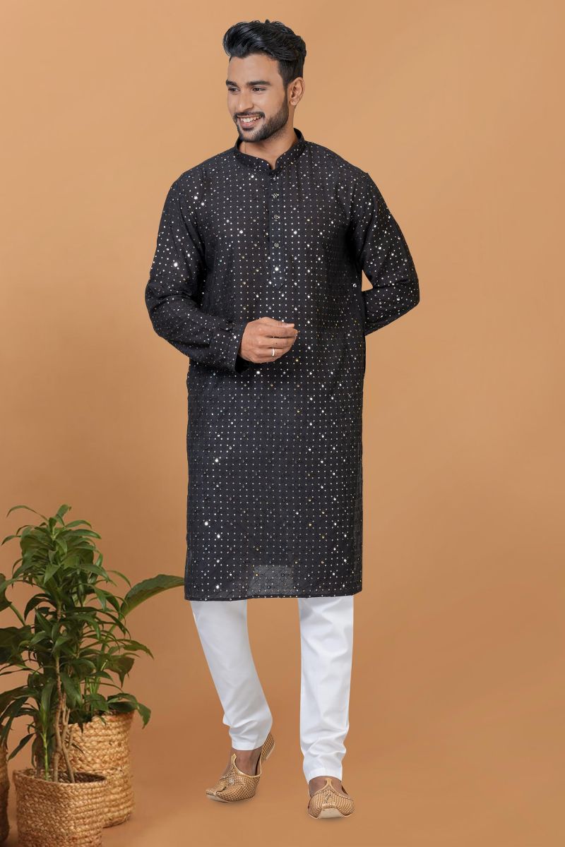 Cotton Fabric Sequins Embroidery Black Color Readymade Men Stylish Kurta Pyjama