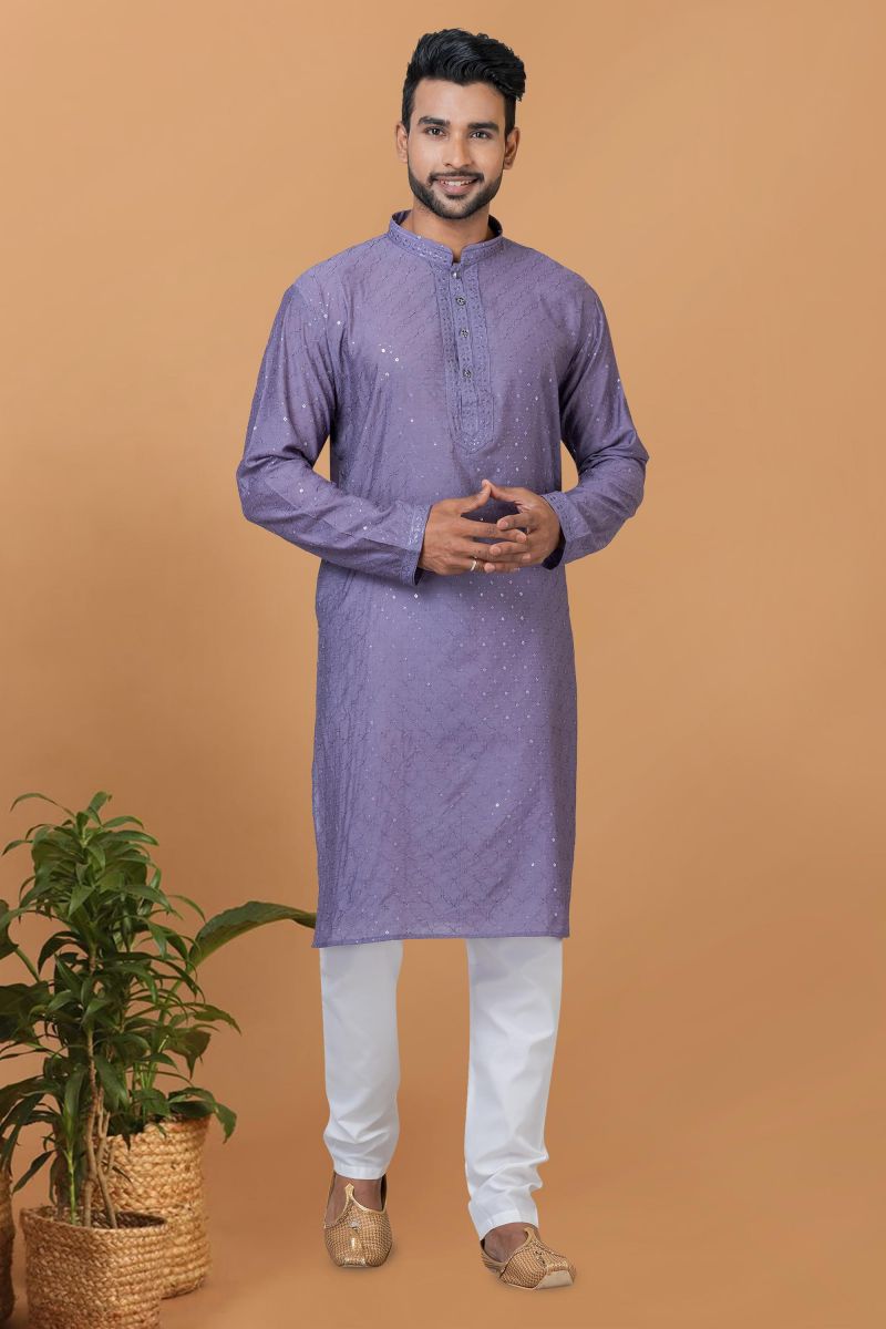 Purple Cotton Fabric Sequins Embroidery Trendy Readymade Kurta Pyjama For Men