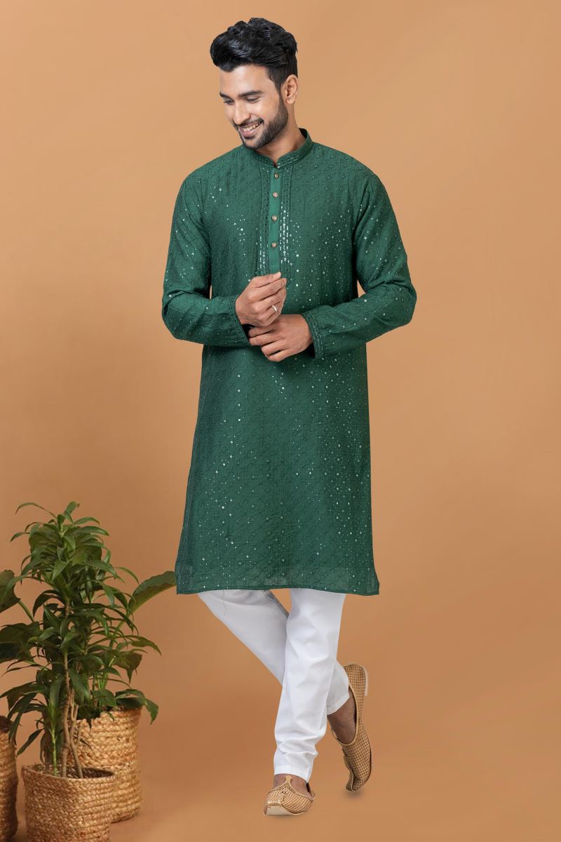 Cotton Dark Green Color Sequins Embroidery Readymade Designer Men Kurta Pyjama