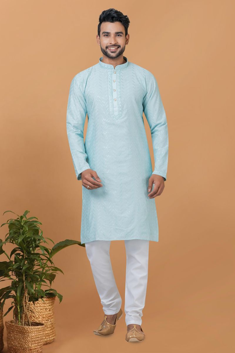 Sequins Embroidery Gorgeous Cotton Fabric Readymade Kurta Pyjama For Men