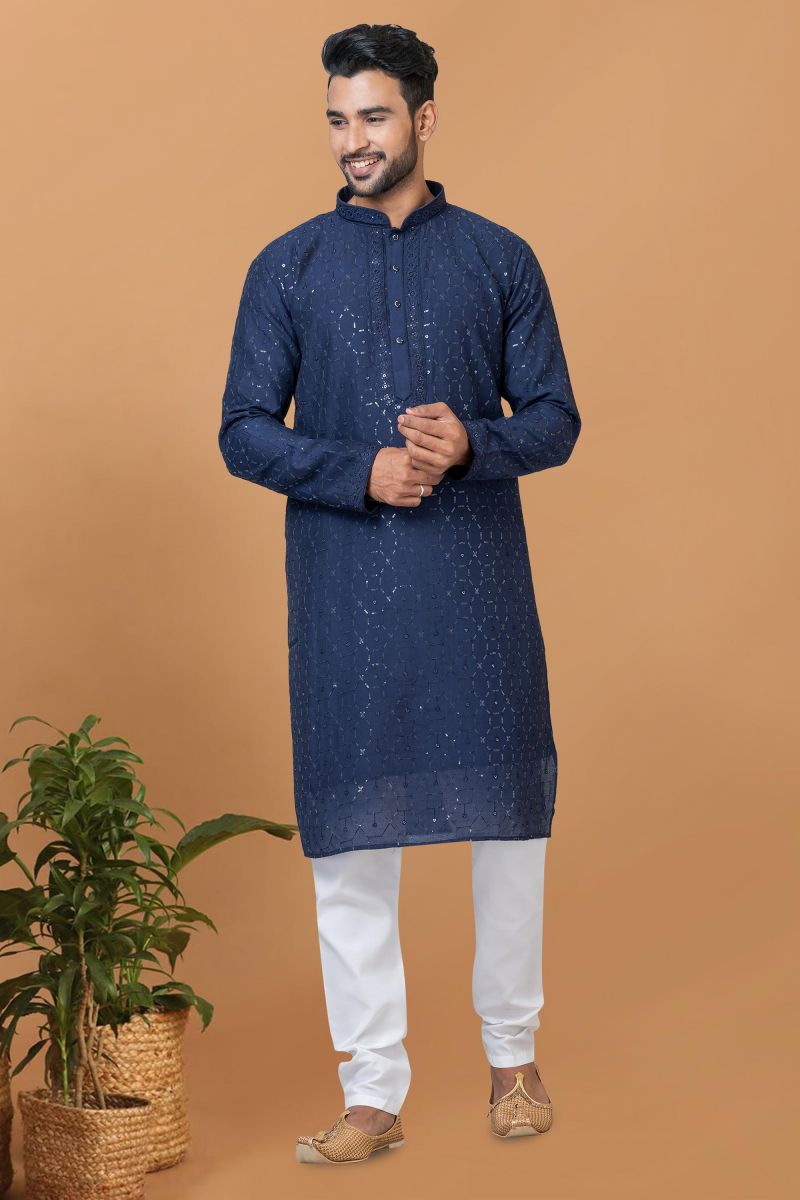 Stunning Sequins Embroidery Navy Blue Color Readymade Men Kurta Pyjama