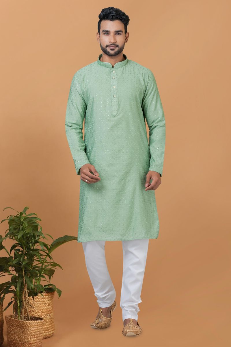 Sea Green Color Lovely Sequins Embroidery Readymade Kurta Pyjama For Men