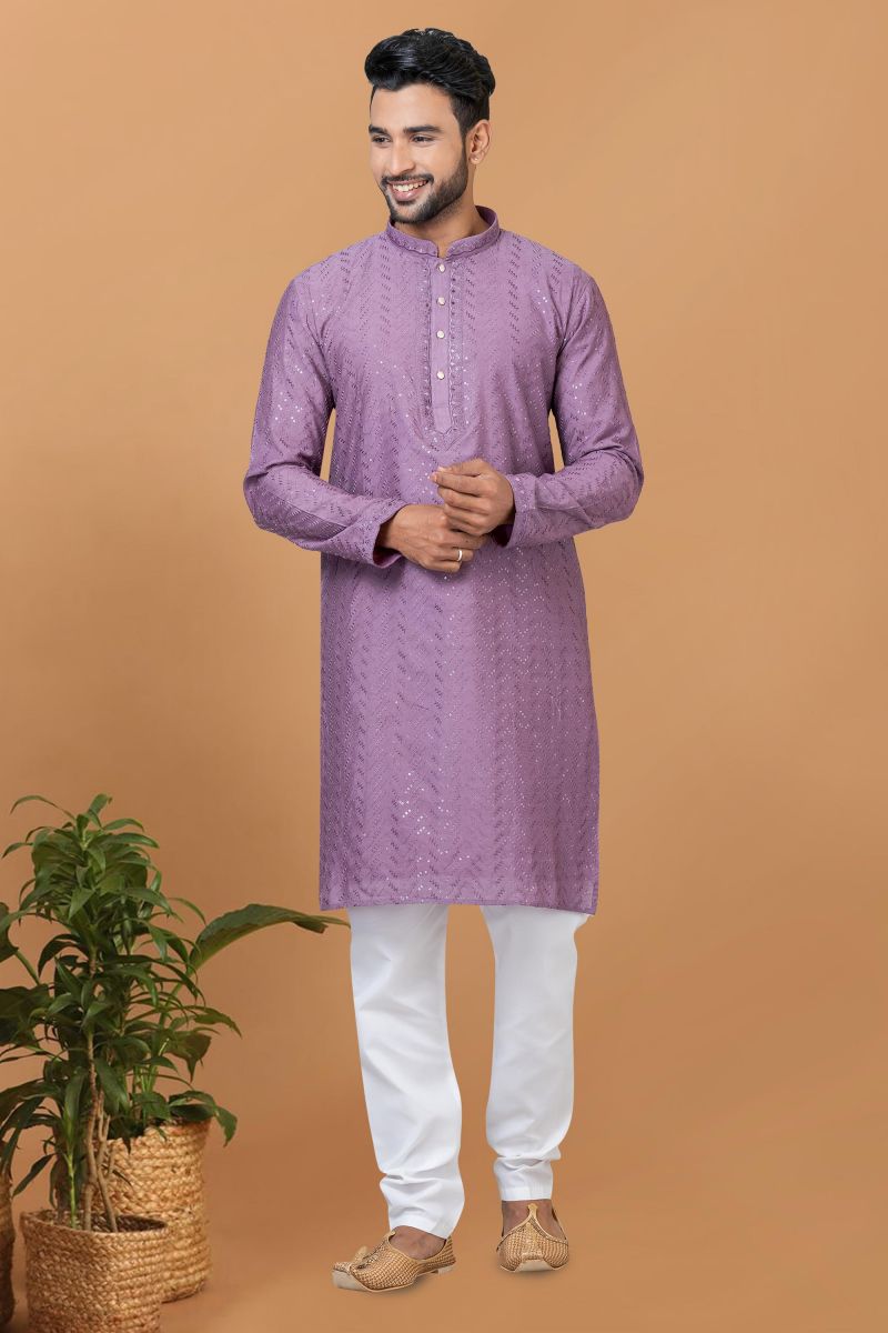 Sequins Embroidery Pretty Cotton Fabric Readymade Men Kurta Pyjama In Lavender Color