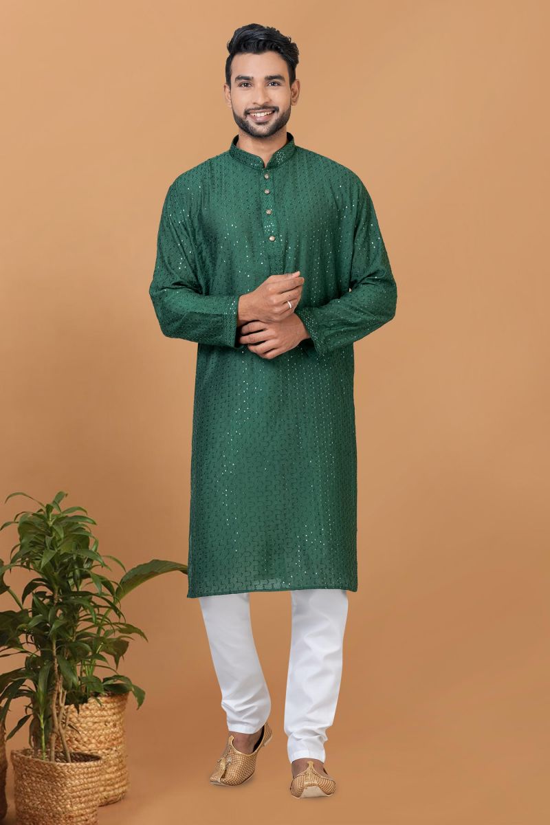 Beautiful Sequins Embroidery Green Color Readymade Kurta Pyjama For Men In Cotton Fabric