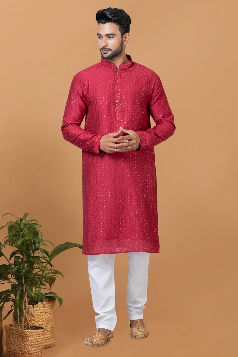 Attractive Sequins Embroidery Readymade Men Kurta Pyjama In Red Color