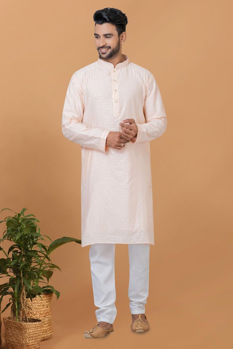 Readymade Glamorous Sequins Embroidery Kurta Pyjama For Men In Cotton Fabric