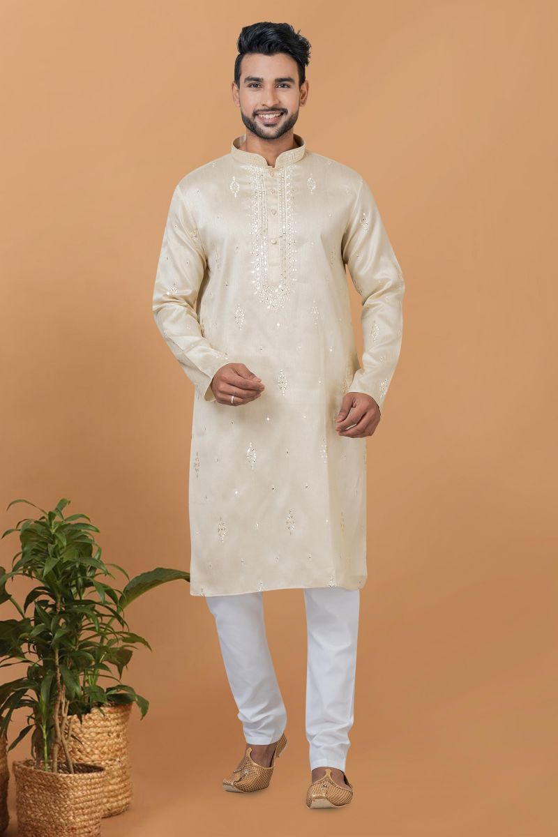 Beige Color Artistic Readymade Men Kurta Pyjama