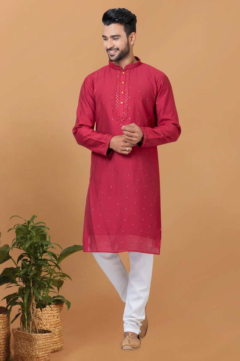 Red Color Engaging Cotton Fabric Readymade Kurta Pyjama For Men