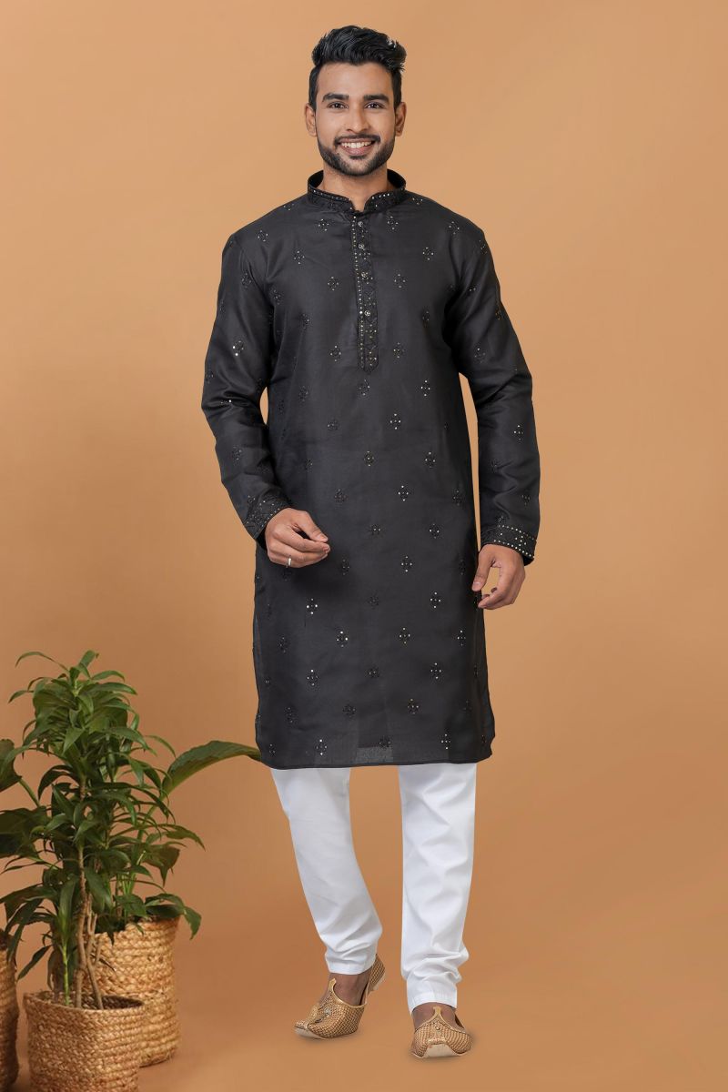 Black Color Gorgeous Cotton Readymade Kurta Pyjama For Men