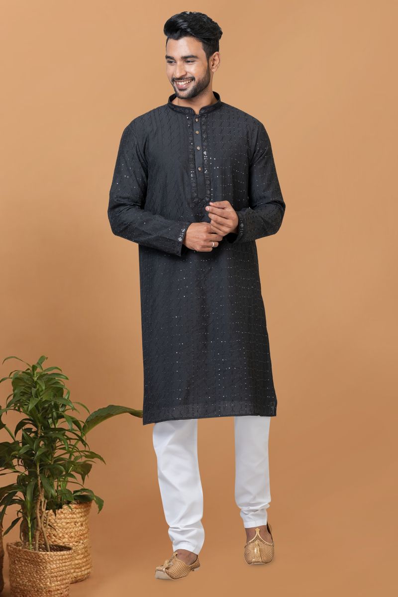 Black Color Cotton Fabric Sequins Embroidery Festive Wear Captivating Readymade Kurta Pyjama For Men