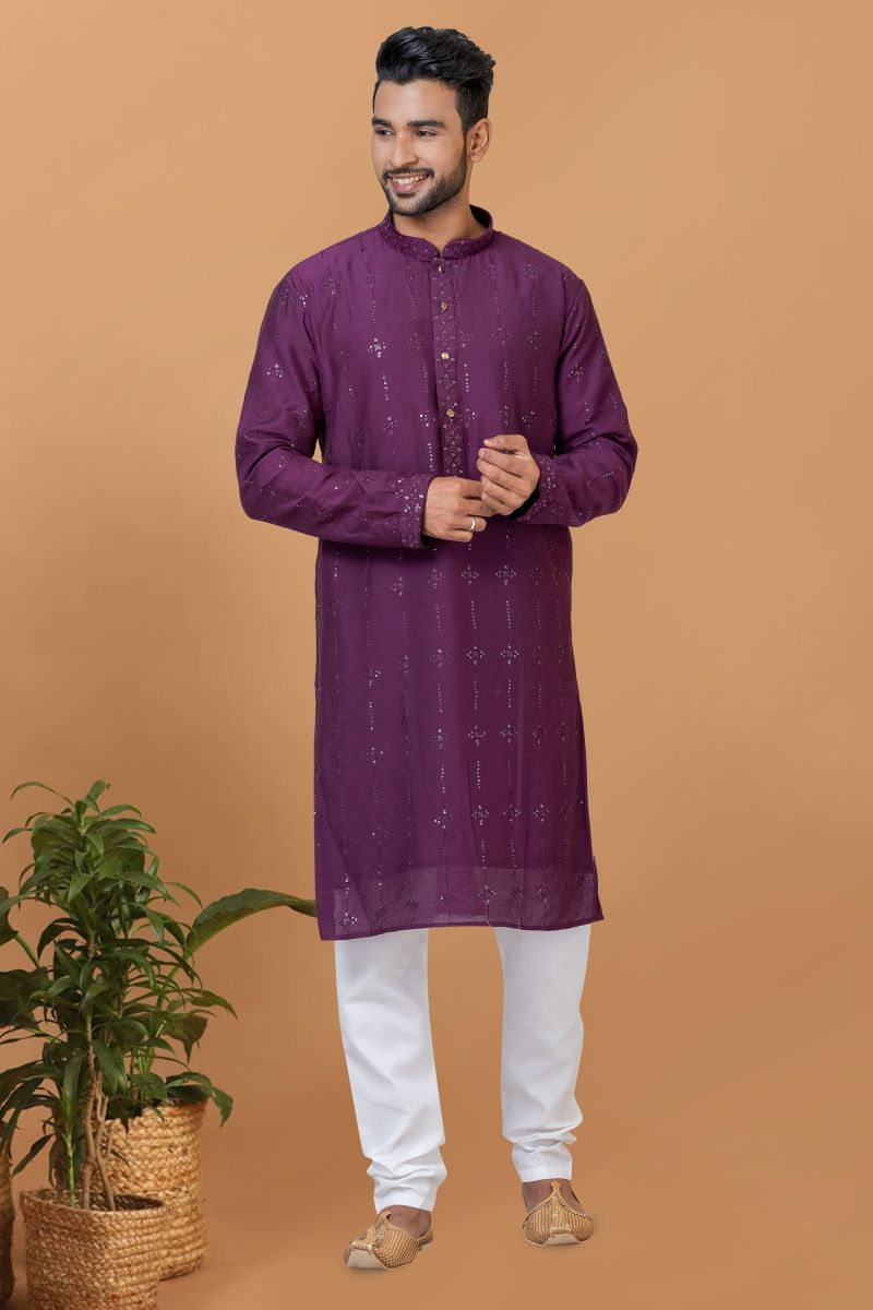 Sequins Embroidery Purple Color Gorgeous Cotton Wedding Wear Readymade Kurta Pyjama For Men