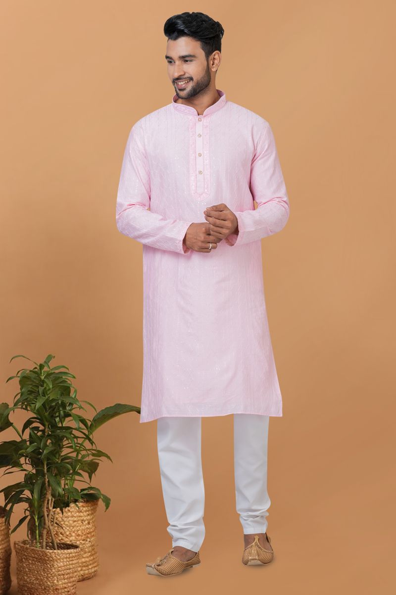 Pink Color Sequins Embroidery Cotton Fabric Reception Wear Striking Readymade Kurta Pyjama For Men