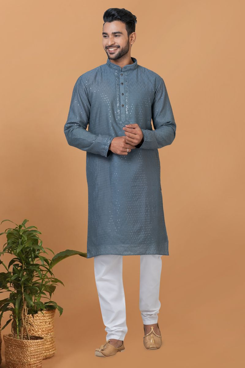 Stunning Cotton Fabric Sequins Embroidery Function Wear Readymade Kurta Pyjama For Men