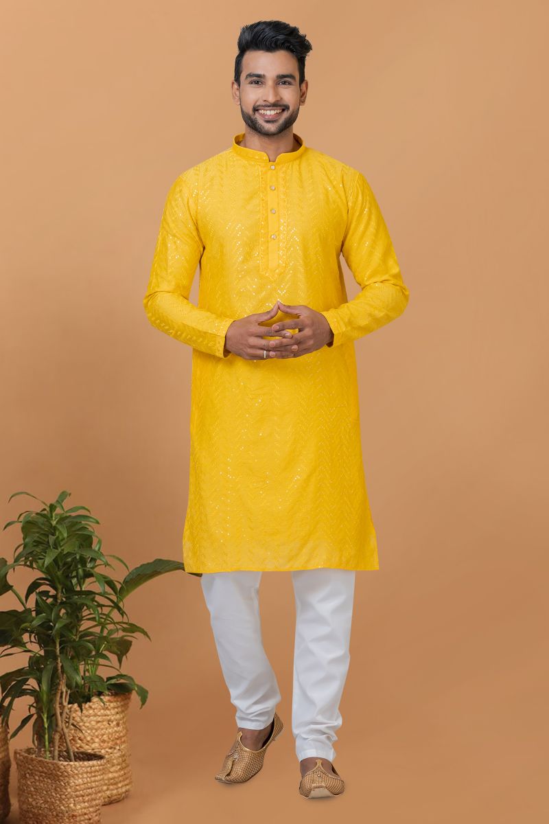 Lovely Yellow Color Festive Wear Sequins Embroidery Readymade Kurta Pyjama For Men