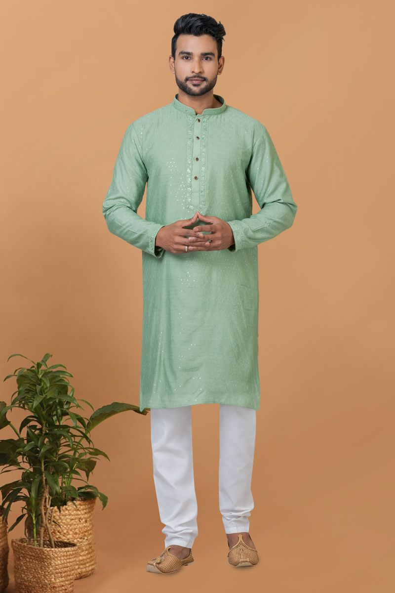 Sequins Embroidery Sea Green Color Sangeet Wear Pretty Readymade Kurta Pyjama For Men In Cotton Fabric