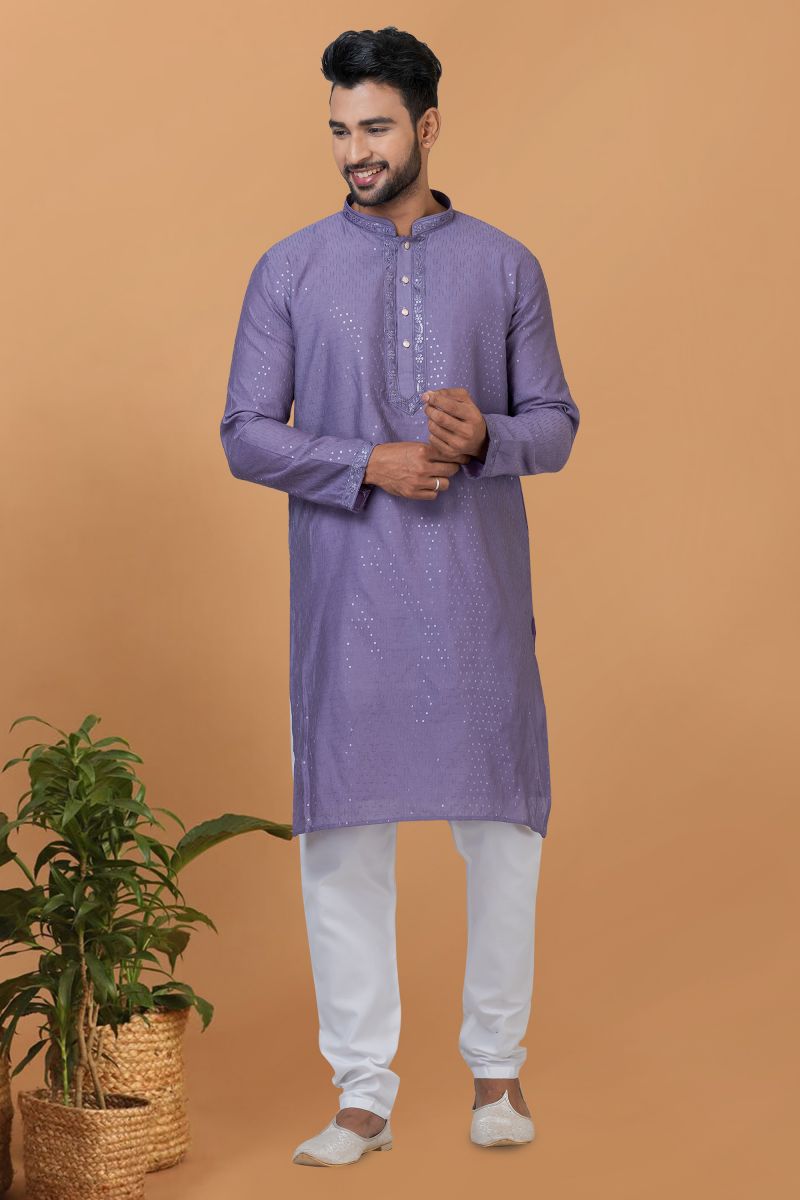 Reception Wear Attractive Sequins Embroidery Readymade Kurta Pyjama For Men In Purple Color Cotton Fabric