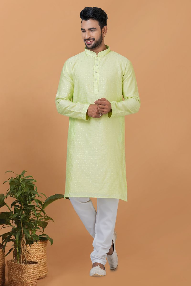 Sequins Embroidery Fancy Green Color Cotton Fabric Function Wear Readymade Kurta Pyjama For Men