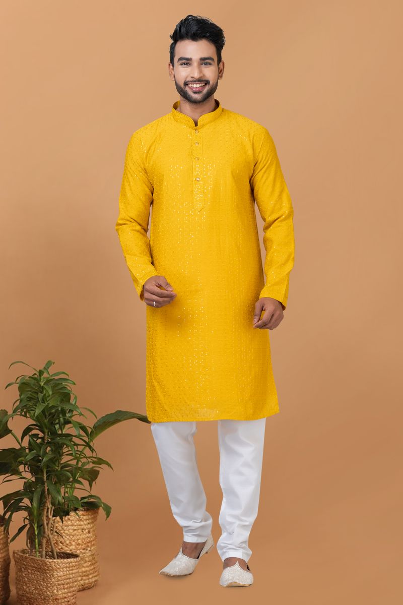 Cotton Fabric Sequins Embroidery Mustard Color Festive Wear Readymade Men Stylish Kurta Pyjama