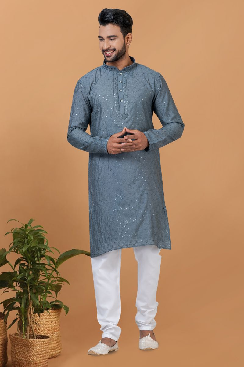 Grey Cotton Fabric Sequins Embroidery Sangeet Wear Trendy Readymade Kurta Pyjama For Men