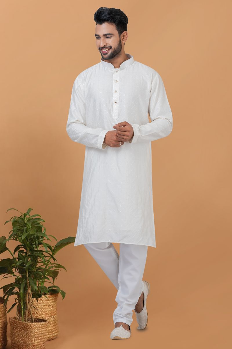 Cotton White Color Wedding Wear Sequins Embroidery Readymade Designer Men Kurta Pyjama