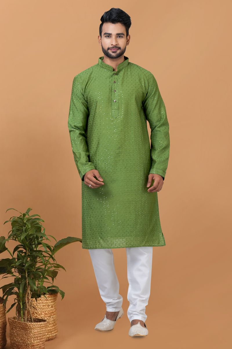 Pretty Sequins Embroidery Cotton Fabric Reception Wear Readymade Kurta Pyjama For Men