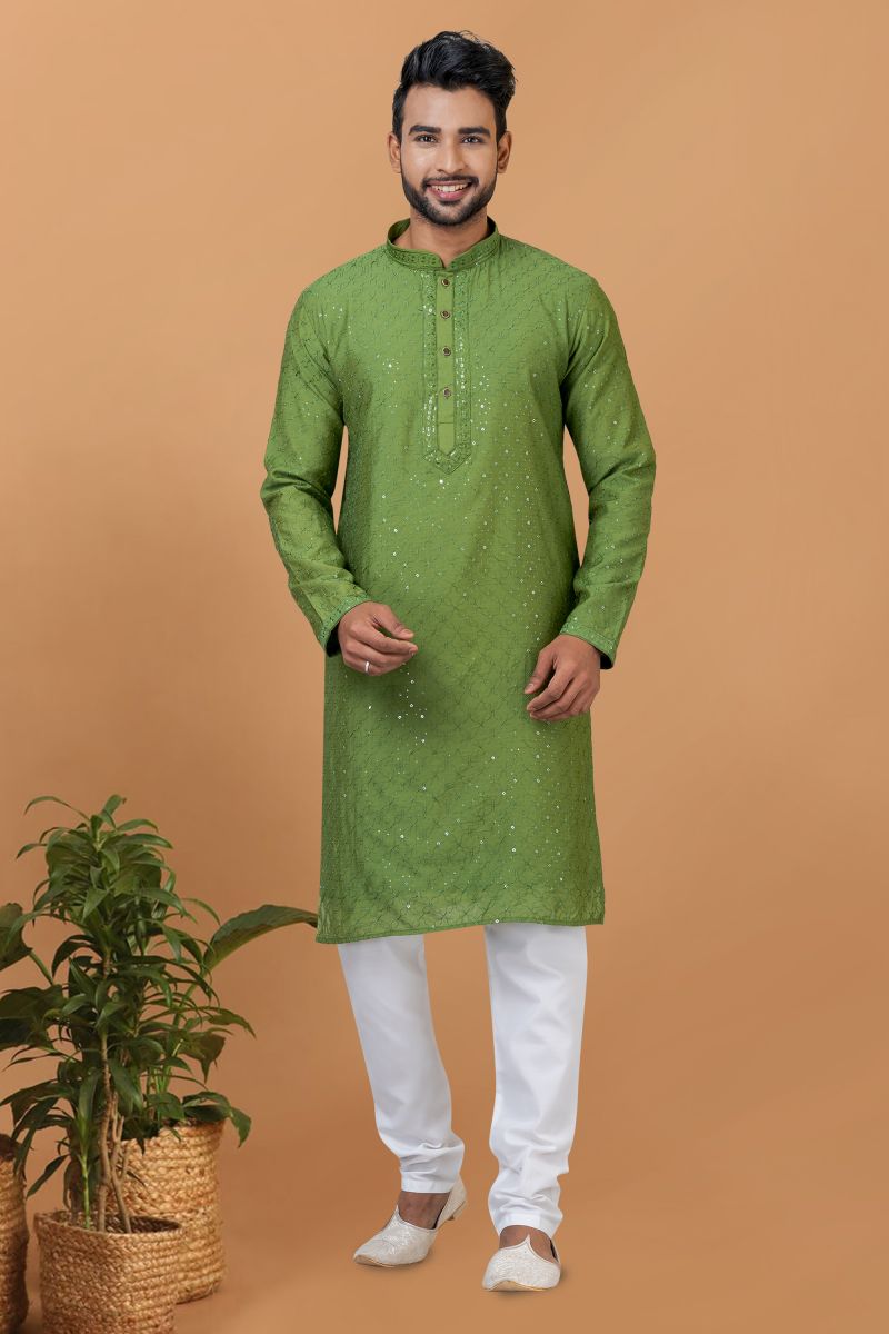 Sequins Embroidery Pretty Cotton Fabric Sangeet Wear Readymade Men Kurta Pyjama In Green Color