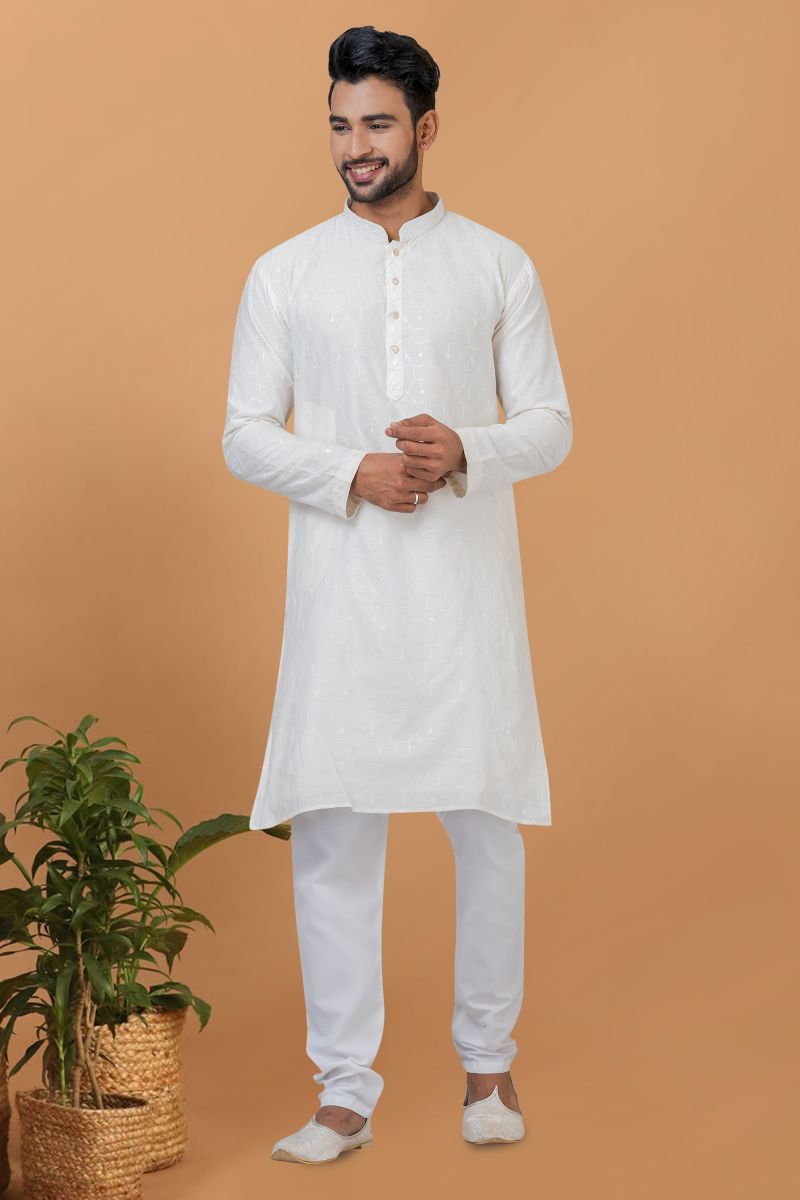 Beautiful Sequins Embroidery White Color Wedding Wear Readymade Kurta Pyjama For Men In Cotton Fabric